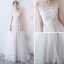 Chic / Beautiful Champagne Evening Dresses  2017 A-Line / Princess Scoop Neck Sleeveless Appliques Lace Tulle Sash Court Train Ruffle Pierced Backless Formal Dresses