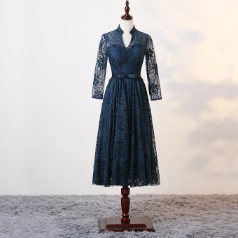 Chic Beautiful Ink Blue Mother Of The Bride Dresses 2017 A Line Princess Crystal V Neck Long Sleeve Bow Sash Knee Length Ruffle Pierced Wedding Party Dresses