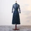 Chic / Beautiful Ink Blue Mother Of The Bride Dresses 2017 A-Line / Princess Crystal V-Neck Long Sleeve Bow Sash Knee-Length Ruffle Pierced Wedding Party Dresses