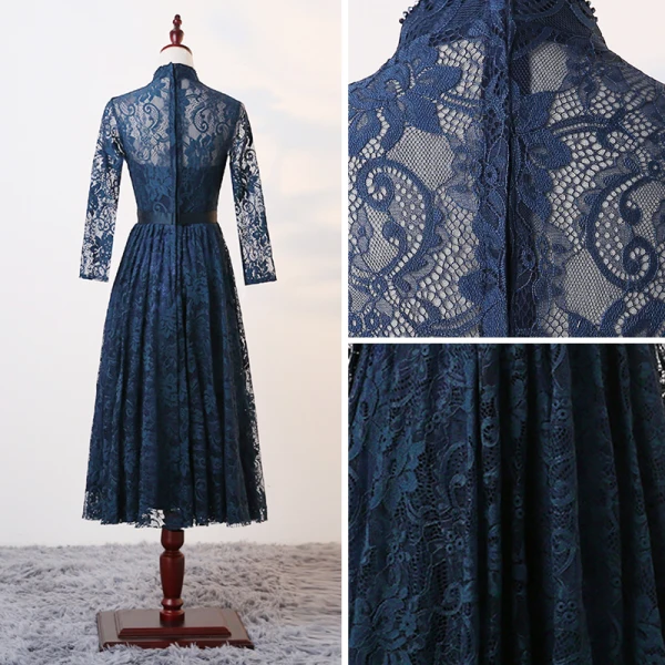 Chic / Beautiful Ink Blue Mother Of The Bride Dresses 2017 A-Line / Princess Crystal V-Neck Long Sleeve Bow Sash Knee-Length Ruffle Pierced Wedding Party Dresses