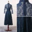 Chic / Beautiful Ink Blue Mother Of The Bride Dresses 2017 A-Line / Princess Crystal V-Neck Long Sleeve Bow Sash Knee-Length Ruffle Pierced Wedding Party Dresses