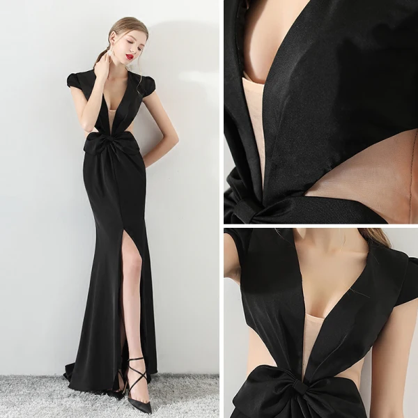 Sexy Schwarz Durchsichtige Abendkleider 2018 Mermaid V-Ausschnitt Ärmel Gespaltete Front Hof-Schleppe Festliche Kleider