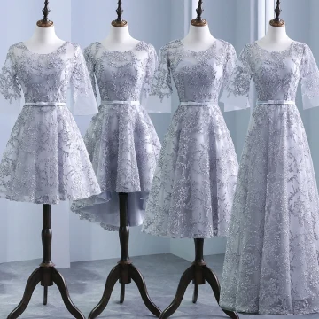 Chic Beautiful Silver Pierced Bridesmaid Dresses 2018 A Line Princess Scoop Neck 3 4 Sleeve Appliques Lace Bow Sash Ruffle Backless Wedding Party Dresses