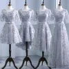 Chic / Beautiful Silver Pierced Bridesmaid Dresses 2018 A-Line / Princess Scoop Neck 3/4 Sleeve Appliques Lace Bow Sash Ruffle Backless Wedding Party Dresses