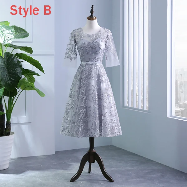 Chic / Beautiful Silver Pierced Bridesmaid Dresses 2018 A-Line / Princess Scoop Neck 3/4 Sleeve Appliques Lace Bow Sash Ruffle Backless Wedding Party Dresses