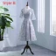 Chic / Beautiful Silver Pierced Bridesmaid Dresses 2018 A-Line / Princess Scoop Neck 3/4 Sleeve Appliques Lace Bow Sash Ruffle Backless Wedding Party Dresses