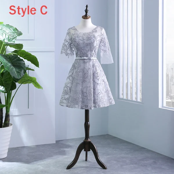 Chic / Beautiful Silver Pierced Bridesmaid Dresses 2018 A-Line / Princess Scoop Neck 3/4 Sleeve Appliques Lace Bow Sash Ruffle Backless Wedding Party Dresses