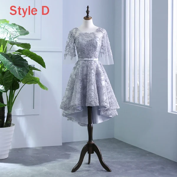 Chic / Beautiful Silver Pierced Bridesmaid Dresses 2018 A-Line / Princess Scoop Neck 3/4 Sleeve Appliques Lace Bow Sash Ruffle Backless Wedding Party Dresses