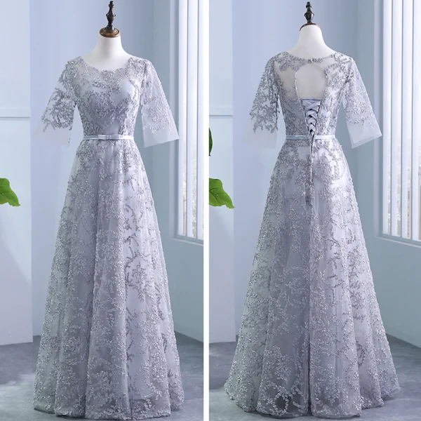 Chic / Beautiful Silver Pierced Bridesmaid Dresses 2018 A-Line / Princess Scoop Neck 3/4 Sleeve Appliques Lace Bow Sash Ruffle Backless Wedding Party Dresses