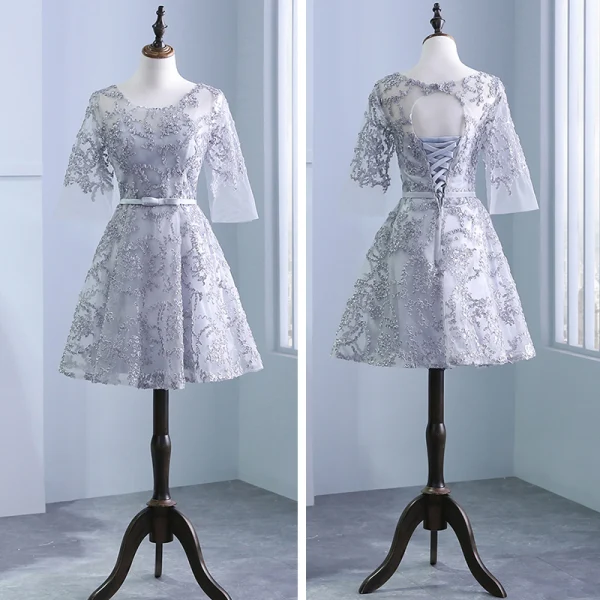 Chic / Beautiful Silver Pierced Bridesmaid Dresses 2018 A-Line / Princess Scoop Neck 3/4 Sleeve Appliques Lace Bow Sash Ruffle Backless Wedding Party Dresses
