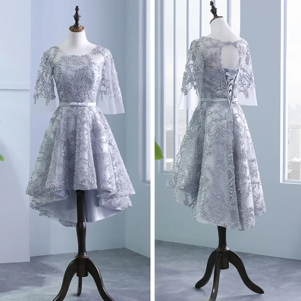 Chic / Beautiful Silver Pierced Bridesmaid Dresses 2018 A-Line / Princess Scoop Neck 3/4 Sleeve Appliques Lace Bow Sash Ruffle Backless Wedding Party Dresses