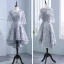 Chic / Beautiful Silver Pierced Bridesmaid Dresses 2018 A-Line / Princess Scoop Neck 3/4 Sleeve Appliques Lace Bow Sash Ruffle Backless Wedding Party Dresses