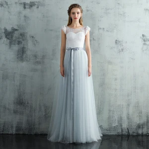 Élégant Gris Robe De Soirée 2017 Princesse Encolure Dégagée Sans Manches Appliques Fleur Ceinture Train De Balayage Volants Dos Nu Percé Robe De Ceremonie