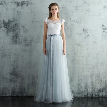 Elegant Grey Evening Dresses 2017 A Line Princess Scoop Neck Sleeveless Appliques Flower Sash Sweep Train Ruffle Backless Pierced Formal Dresses