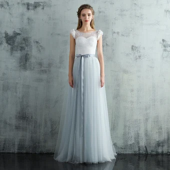 Elegant Grey Evening Dresses 2017 A Line Princess Scoop Neck Sleeveless Appliques Flower Sash Sweep Train Ruffle Backless Pierced Formal Dresses
