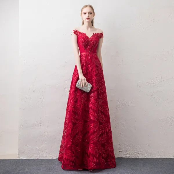 Stylowe / Modne Czerwone Przezroczyste Sukienki Wieczorowe 2018 Princessa Wycięciem Rękawy z Kapturkiem Cekinami Cekiny Frezowanie Aplikacje Z Koronki Szarfa Długie Wzburzyć Bez Pleców Sukienki Wizytowe