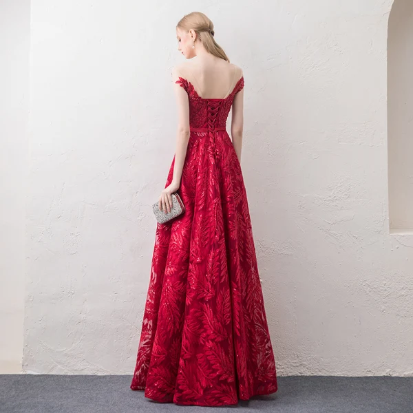 Moderne / Mode Rouge Transparentes Robe De Soirée 2018 Princesse Encolure Dégagée Mancherons Glitter Paillettes Perlage Appliques En Dentelle Ceinture Longue Volants Dos Nu Robe De Ceremonie