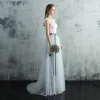 Elegant Grey Evening Dresses  2017 A-Line / Princess Scoop Neck Sleeveless Appliques Flower Sash Sweep Train Ruffle Backless Pierced Formal Dresses