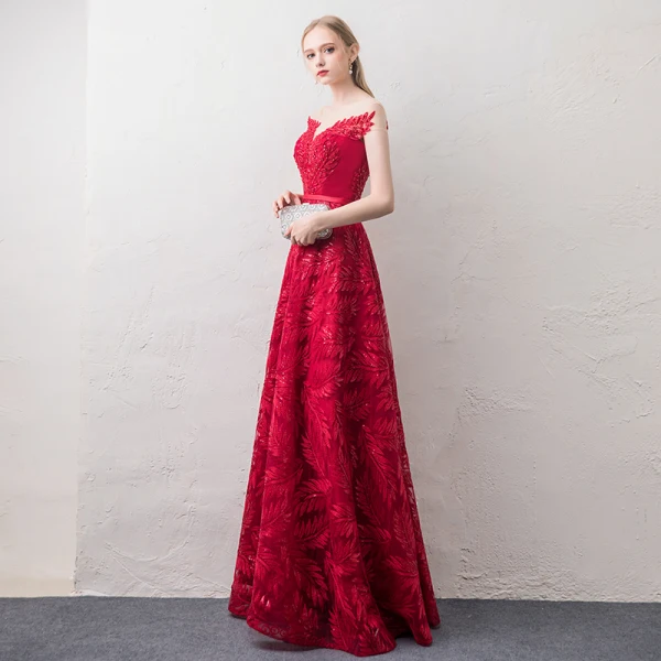 Moderne / Mode Rouge Transparentes Robe De Soirée 2018 Princesse Encolure Dégagée Mancherons Glitter Paillettes Perlage Appliques En Dentelle Ceinture Longue Volants Dos Nu Robe De Ceremonie