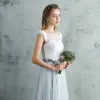 Elegant Grey Evening Dresses  2017 A-Line / Princess Scoop Neck Sleeveless Appliques Flower Sash Sweep Train Ruffle Backless Pierced Formal Dresses