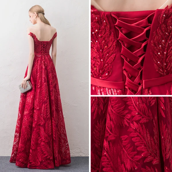 Moderne / Mode Rouge Transparentes Robe De Soirée 2018 Princesse Encolure Dégagée Mancherons Glitter Paillettes Perlage Appliques En Dentelle Ceinture Longue Volants Dos Nu Robe De Ceremonie