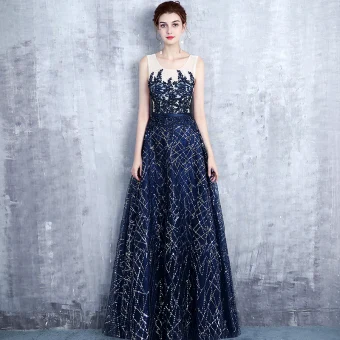 Chic Belle Bleu Marine Robe De Soirée 2017 Princesse Encolure Dégagée Sans Manches Appliques En Dentelle Perle Paillettes Glitter Faux Diamant Ceinture Longue Volants Dos Nu Robe De Ceremonie