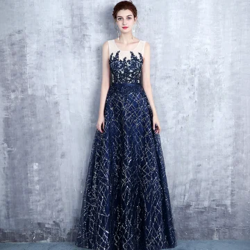 Chic Beautiful Navy Blue Evening Dresses 2017 A Line Princess Scoop Neck Sleeveless Appliques Lace Pearl Sequins Glitter Rhinestone Sash Floor Length Long Ruffle Backless Formal Dresses