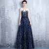Chic / Beautiful Navy Blue Evening Dresses  2017 A-Line / Princess Scoop Neck Sleeveless Appliques Lace Pearl Sequins Glitter Rhinestone Sash Floor-Length / Long Ruffle Backless Formal Dresses