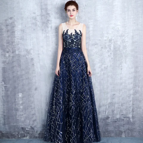 Chic / Beautiful Navy Blue Evening Dresses  2017 A-Line / Princess Scoop Neck Sleeveless Appliques Lace Pearl Sequins Glitter Rhinestone Sash Floor-Length / Long Ruffle Backless Formal Dresses