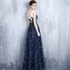 Chic / Beautiful Navy Blue Evening Dresses  2017 A-Line / Princess Scoop Neck Sleeveless Appliques Lace Pearl Sequins Glitter Rhinestone Sash Floor-Length / Long Ruffle Backless Formal Dresses