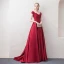 Modern / Fashion Burgundy Evening Dresses  2018 A-Line / Princess V-Neck Short Sleeve Appliques Lace Beading Rhinestone Sweep Train Ruffle Backless Formal Dresses