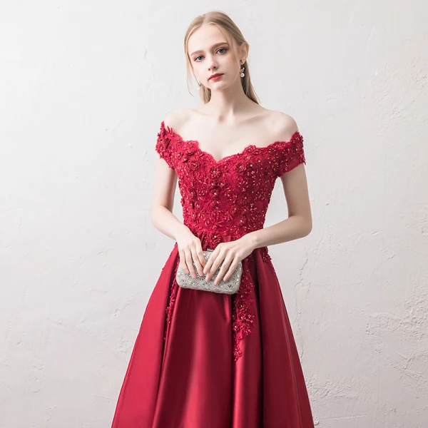Modern / Fashion Burgundy Evening Dresses 2018 A-Line / Princess V-Neck Short Sleeve Appliques Lace Beading Rhinestone Sweep Train Ruffle Backless Formal Dresses