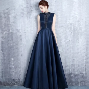 Vintage Originale Bleu Marine Robe De Soirée 2017 Princesse Col Haut Sans Manches Perle Cristal Ceinture Longue Volants Percé Dos Nu Robe De Ceremonie
