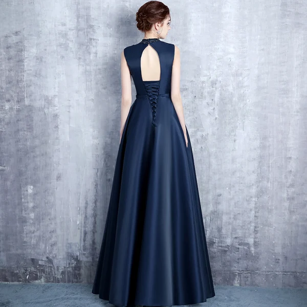 Vintage / Retro Navy Blue Evening Dresses 2017 A-Line / Princess High Neck Sleeveless Pearl Crystal Sash Floor-Length / Long Ruffle Pierced Backless Formal Dresses