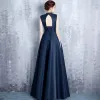 Vintage / Retro Navy Blue Evening Dresses  2017 A-Line / Princess High Neck Sleeveless Pearl Crystal Sash Floor-Length / Long Ruffle Pierced Backless Formal Dresses