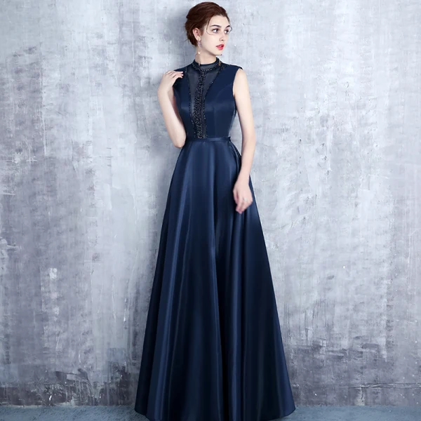 Vintage / Retro Navy Blue Evening Dresses 2017 A-Line / Princess High Neck Sleeveless Pearl Crystal Sash Floor-Length / Long Ruffle Pierced Backless Formal Dresses