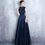 Vintage / Retro Navy Blue Evening Dresses  2017 A-Line / Princess High Neck Sleeveless Pearl Crystal Sash Floor-Length / Long Ruffle Pierced Backless Formal Dresses