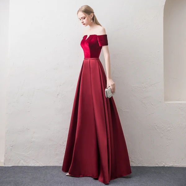 Affordable Burgundy Evening Dresses 2018 A-Line / Princess Off-The-Shoulder Short Sleeve Sash Floor-Length / Long Ruffle Backless Formal Dresses