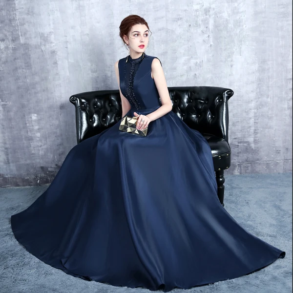 Vintage / Retro Navy Blue Evening Dresses 2017 A-Line / Princess High Neck Sleeveless Pearl Crystal Sash Floor-Length / Long Ruffle Pierced Backless Formal Dresses