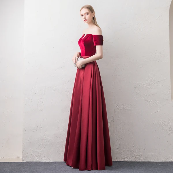 Affordable Burgundy Evening Dresses 2018 A-Line / Princess Off-The-Shoulder Short Sleeve Sash Floor-Length / Long Ruffle Backless Formal Dresses