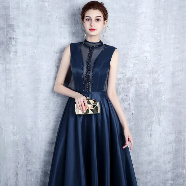 Vintage / Retro Navy Blue Evening Dresses 2017 A-Line / Princess High Neck Sleeveless Pearl Crystal Sash Floor-Length / Long Ruffle Pierced Backless Formal Dresses