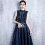 Vintage / Retro Navy Blue Evening Dresses  2017 A-Line / Princess High Neck Sleeveless Pearl Crystal Sash Floor-Length / Long Ruffle Pierced Backless Formal Dresses