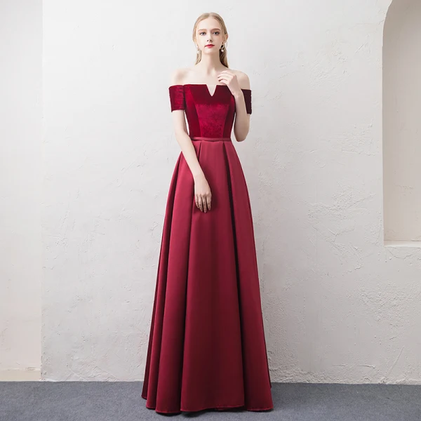 Affordable Burgundy Evening Dresses 2018 A-Line / Princess Off-The-Shoulder Short Sleeve Sash Floor-Length / Long Ruffle Backless Formal Dresses