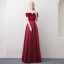 Affordable Burgundy Evening Dresses  2018 A-Line / Princess Off-The-Shoulder Short Sleeve Sash Floor-Length / Long Ruffle Backless Formal Dresses