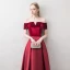 Affordable Burgundy Evening Dresses  2018 A-Line / Princess Off-The-Shoulder Short Sleeve Sash Floor-Length / Long Ruffle Backless Formal Dresses