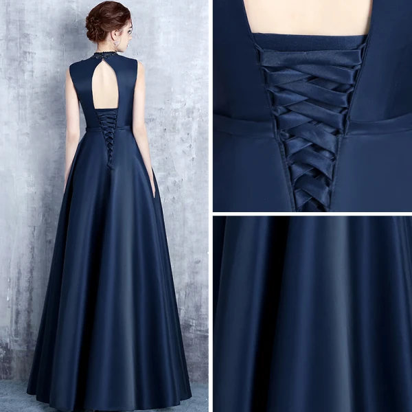 Vintage / Retro Navy Blue Evening Dresses 2017 A-Line / Princess High Neck Sleeveless Pearl Crystal Sash Floor-Length / Long Ruffle Pierced Backless Formal Dresses