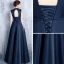 Vintage / Retro Navy Blue Evening Dresses  2017 A-Line / Princess High Neck Sleeveless Pearl Crystal Sash Floor-Length / Long Ruffle Pierced Backless Formal Dresses