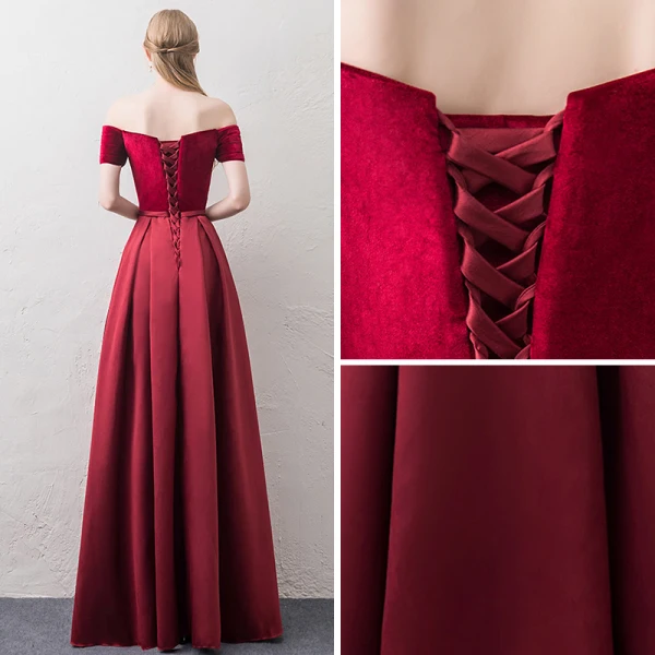 Affordable Burgundy Evening Dresses 2018 A-Line / Princess Off-The-Shoulder Short Sleeve Sash Floor-Length / Long Ruffle Backless Formal Dresses