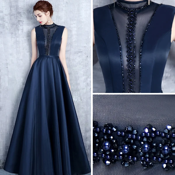 Vintage / Retro Navy Blue Evening Dresses 2017 A-Line / Princess High Neck Sleeveless Pearl Crystal Sash Floor-Length / Long Ruffle Pierced Backless Formal Dresses