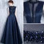 Vintage / Retro Navy Blue Evening Dresses  2017 A-Line / Princess High Neck Sleeveless Pearl Crystal Sash Floor-Length / Long Ruffle Pierced Backless Formal Dresses